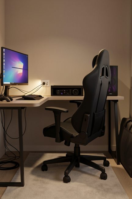 Petit coin gaming aménagé dans un salon moderne, avec bureau compact, fauteuil ergonomique, écran, éclairage chaleureux et rangement optimisé.