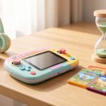 Console de jeu portable adaptée aux enfants, posée sur un bureau avec un petit sablier et des accessoires colorés.