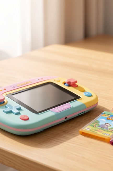 Console de jeu portable adaptée aux enfants, posée sur un bureau avec un petit sablier et des accessoires colorés.