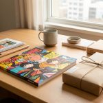 Coffret cadeau manga abordable composé d’un livre illustré, d’une tasse et de petites fournitures, présenté sur un bureau professionnel.