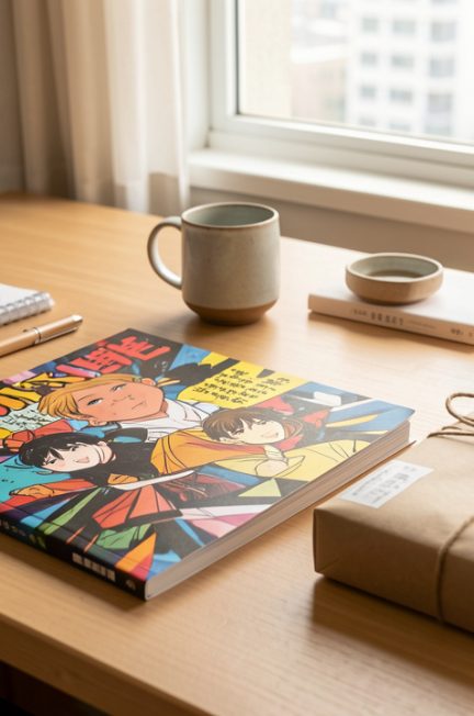 Coffret cadeau manga abordable composé d’un livre illustré, d’une tasse et de petites fournitures, présenté sur un bureau professionnel.