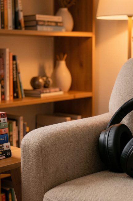 Coin détente geek chaleureux avec des mangas, une manette et un casque audio, éclairé par une lumière douce.