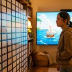 Une jeune femme réfléchit devant une longue collection de disques et un écran montrant une aventure animée en mer, symbolisant le fait de commencer une série très longue sans se sentir dépassée.