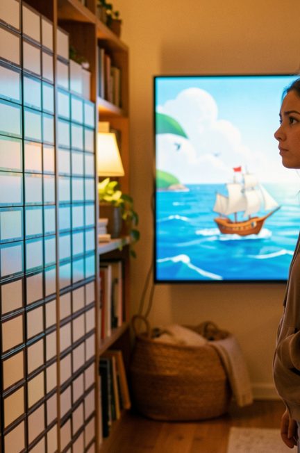 Une jeune femme réfléchit devant une longue collection de disques et un écran montrant une aventure animée en mer, symbolisant le fait de commencer une série très longue sans se sentir dépassée.