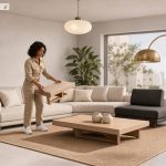Scène stylisée d’une décoratrice virtuelle rénovant un salon moderne avec des meubles design, des plantes et une interface de construction abstraite.