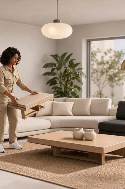 Scène stylisée d’une décoratrice virtuelle rénovant un salon moderne avec des meubles design, des plantes et une interface de construction abstraite.