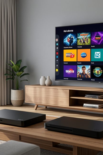 Deux consoles de jeu modernes dans un salon contemporain sobre, avec un téléviseur 4K affichant une bibliothèque numérique colorée.