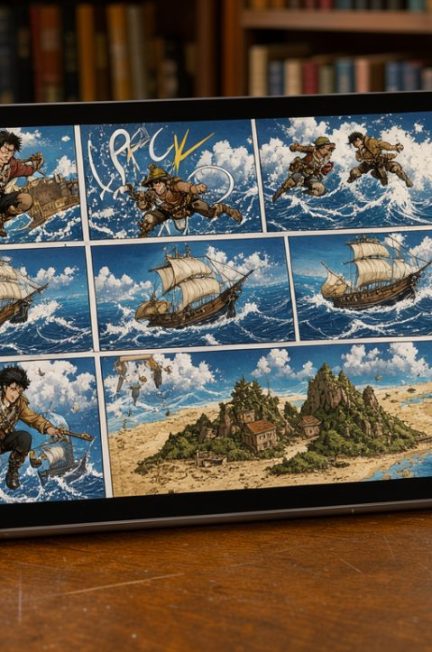 Tablette affichant des illustrations originales de manga d’aventure maritime, entourée d’un chapeau de paille, d’une boussole et de volumes de bandes dessinées dans une ambiance de bibliothèque.